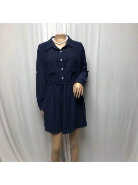 Blushing Heart Mini Dress Womens Size Medium Navy Drawstring Waist Long Sleeve